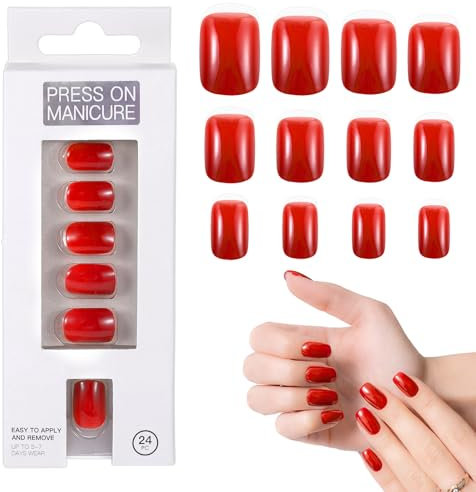 24 Pcs Press On Nails Short Bright Red Fake Nails with Adhesive Soft Gel Backing Short Oval Nails Glue On Nails French Tips Acrylic Full Cover False Nail Kit with Mini Nail File for Women and Girls