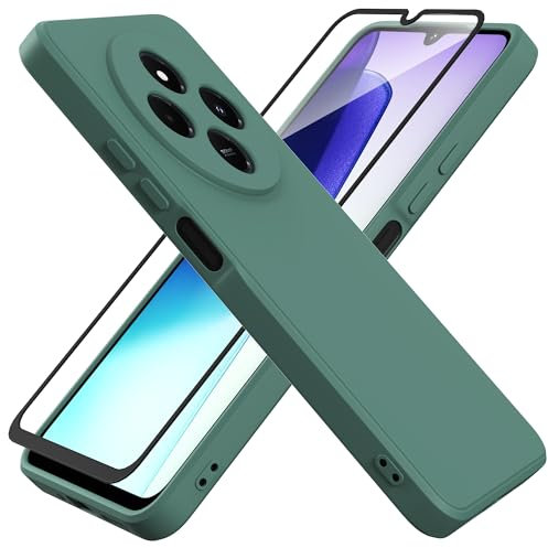 HHUIWIND Coque pour Xiaomi Redmi 14C / Redmi A4 4G (6.88) avec Verre Trempé écran Protecteur,Housse de Protection Silicone TPU Anti-Scratch Antichoc Bumper Étui Case Cover - Vert01