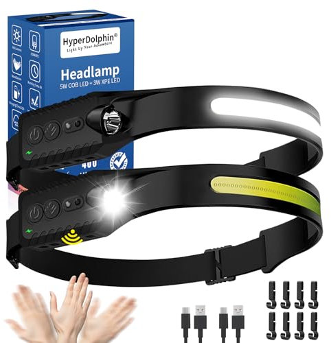 Stirnlampe LED Wiederaufladbar, Kopflampe mit Breitstrahl Stirnleuchte Aufladbar, stirnlampen, adventure light, 230 grad, usb c, 400 Lumen, 5 Modi, Bewegungssensor, Wasserdicht, Angeln (2, Schwarz)