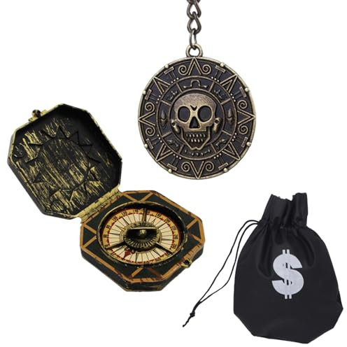 Scinzene 3 Stück Piraten Schmuck Set, Spielzeugkompass und Azteken Münzen Piratenkette, Pirate Accessories für Karneval, Kostüme und Dekoration