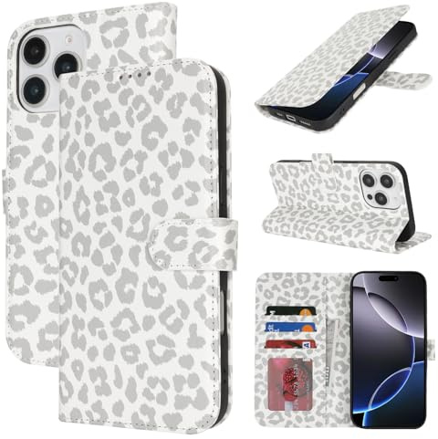 Zouzt Wallet Case for iPhone 13 Pro (6.1), Card Holder, White Leopard | Premium PU Leather, with Credit Slot, Shockproof TPU Shell, Magnetic Closure, Protective Flip Folio Phone Cover, Women Men