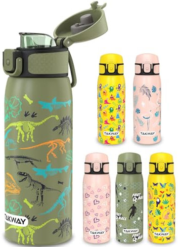 TAKWAY Edelstahl Trinkflasche Kinder 550ml - Auslaufsicher, isoliert und Kohlensäure geeignet - Flasche für Schule, Sport (Dinosaurier)