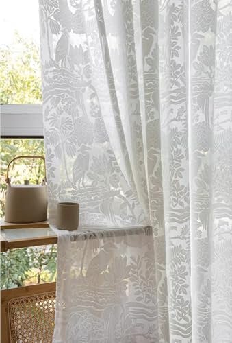 Lactraum Gardine Wohnzimmer Schlafzimmer Weiß Luxus Relief Vorhang Wald Vogel mit Kräuselband (H245 x B145 cm (1er Pack))