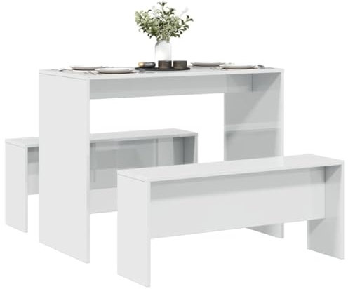 Gecheer Essgruppe mit Tisch und Bank, 3-TLG. Esstisch mit 2 Essbänken, Hochglanz-Weiß Holzwerkstoff, Küchentisch Bank Esszimmergarnitur für Küche und Esszimmer