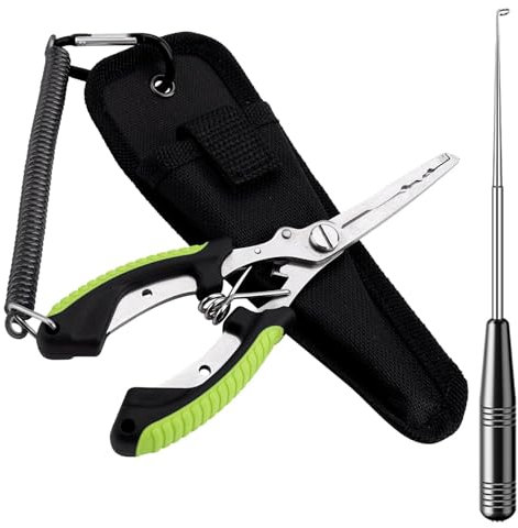 Fishing Pliers, 4-Piece Fishing Multi Tool Set with Fishing Scissors, Split Ring Pliers, and Fishing Forceps, Includes Nylon Bag and Black Hook Remover for Sea Fishing, Ice Fishing, and Fly Fishing