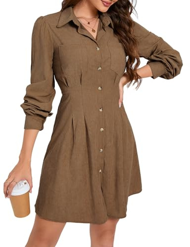 KOJOOIN Blusenkleid Damen Langarm Corduroy Hemdkleid A-Linien Tunika Kleid Minilänge Cordkleid mit Tasche und Knopfleiste(Verpackung MEHRWEG)