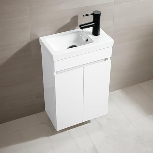 NUESTRA VIDA Waschtischunterschrank mit Keramikwaschbecken 40cm in Weiß, Gäste WC Waschtisch mit Unterschrank, Kein Pop-up-Abfluss und Armatur