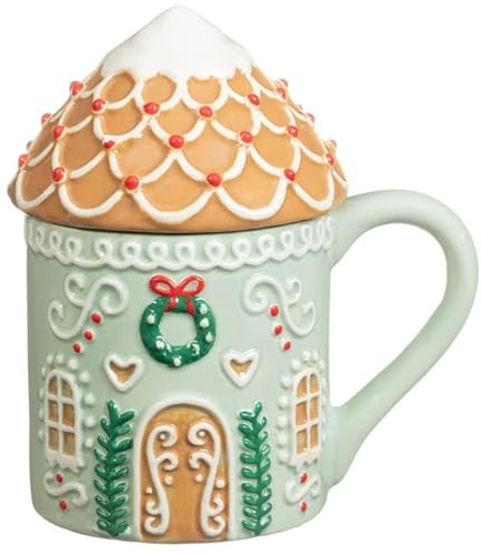 New Alluring Gingerbread House Mug with Lid- Festive and Nostalgic- with A Cosy and Seasonal Gingerbread House Design- Perfect for Sipping Your Favourite Hot Beverages-B01