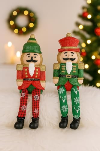 Weihnachtsfigur Kantenhocker Nussknacker 2er Set 21cm Dekofigur Statue Deko Männchen Weihnachtsmännchen Figuren aus Terrakotta, rot/grün mit Glitter – Klassische Weihnachtsdekoration