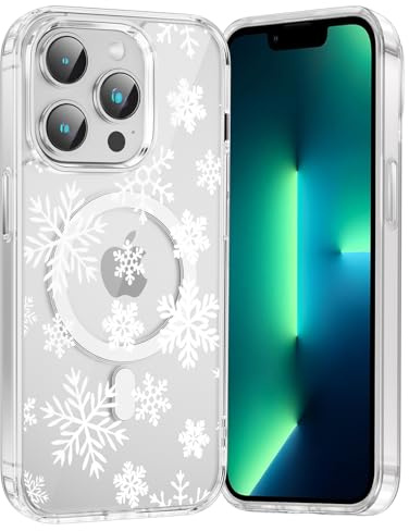 Saqmkil Weihnachten Magnetische Handyhülle für iPhone 13 Pro Max Hülle, Süß Weihnachts Schneeflocken Muster Winter Christmas Case Kompatibel mit MagSafe, Transparent Silikon Stoßfest Schutzhülle, 02