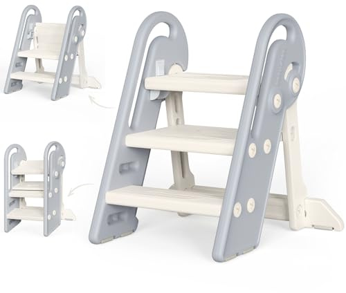 Marche Pied Pliable pour Enfant, Marchepied à Hauteur réglable, Multifonction, Marche Pied Toilette Enfant de la propreté avec poignées, Cadeaux pour garçons et Filles de 1,5 à 8 Ans-Gris Blanc