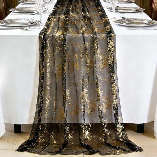 Tischläufer Schwarz Gold 72x300cm Tischdecke Weicher Tüll Glitter Folie | Küche Tischdeko Tischband Transparent für Hochzeit Brautparty Geburtstag Taufe Party Dekoration