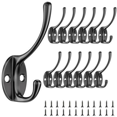 Comzantor 12 pezzi Ganci Appendiabiti Vintage, Ganci da Parete con Viti, Doppi Ganci da Muro in Metallo Vintage, Leggeri e Comodi Gancio, per Camera da Letto, Guardaroba, Bagno (Nero)