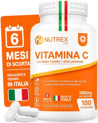 Nutrex Lab – Vitamina C 1000mg Integratore - 180 Compresse 6 Mesi di Scorta con Rosa Canina e Bioflavonoidi - Vitamin C Alto Dosaggio Vegano Senza Glutine - Made in Italy