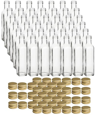 gouveo Juego de 42 botellas de cristal Maraska de 250 ml con tapón de rosca dorado - Botella pequeña de 0,25 L para rellenar - Botella de licor, botella de vinagre, botella de aceite (MFET250G)
