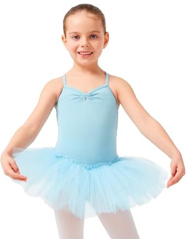 tanzmuster Ballettkleid Mädchen Tutu - Kim - weicher Baumwollstoff - Glitzersteine - Ballett Trikot mit Tüllrock für Kinder - hellblau, 152/158
