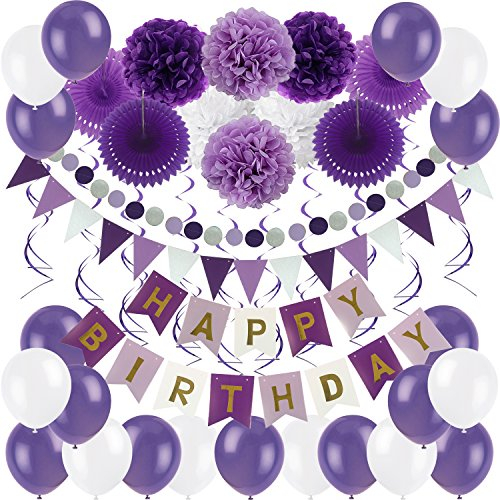 ZERODECO Geburtstagsdeko Violett, Happy Birthday Banner Girlande mit Pompoms Papier Girlande Fans Fächer Dreieckige Wimpel Spiral Girlanden und Luftballon