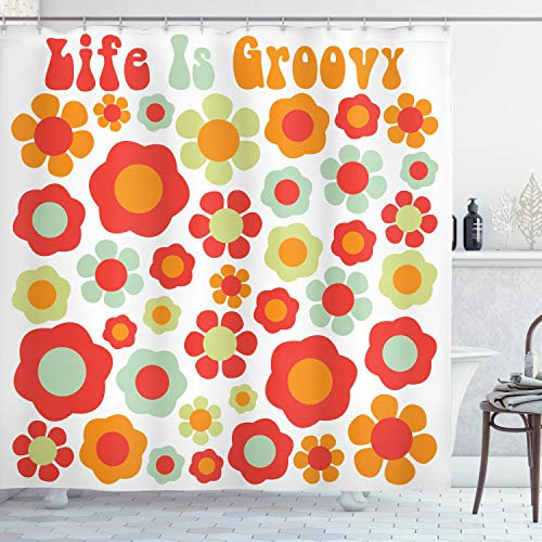 ABAKUHAUS Retro Duschvorhang, Farbige Kunst Dated Stil, Stoffliches Gewebe Badezimmerdekorationsset mit Haken, 175 x 220 cm, Mint Grün Rot Orange