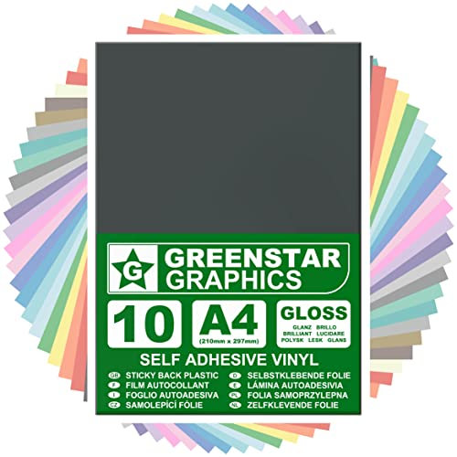 GREENSTAR GRAPHICS Glossy A4 Sticky Back Plastic SELF Adhesive Art & Craft Vinyl (10 Sheet Pack). Compatible with 12” Cricut, Silhouette Cameo/Curio/Portrait, Scan N Cut (Dark Grey Gloss 10 A4)