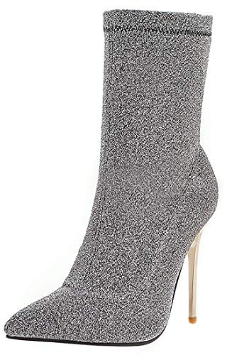 LUXMAX Donna Stivali Elasticizzati Tacco Alto Spillo 10 CM a Punta Stivaletti Tacchi Alti Slip-on Boots (Argento) - 39 EU