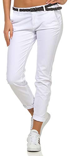 Sublevel Damen Boyfriend Chino Hose LSL-247/LSL-393 Stoffhose inkl. Gürtel White XL