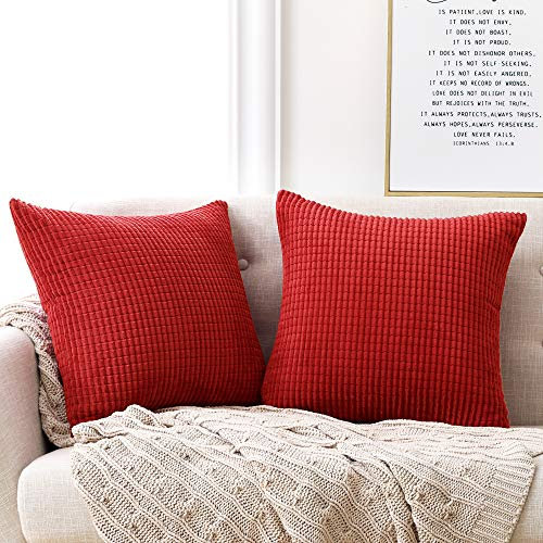 Deconovo Set of 2 Super Soft Corduroy Large Cushion Covers 55cm x 55cm, 22x22 Inches Grid Solid Throw Pillow Cases, Square Pillowcases Cushion Covers for Wedding Chairs(Red, 2 Pieces)