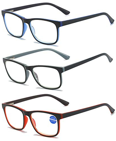 MMOWW 3er-pack Lesebrille Damen und Herren - Anti-blaue Computerbrille mit Federscharnieren(Grau+Blau+Rot,+2.0