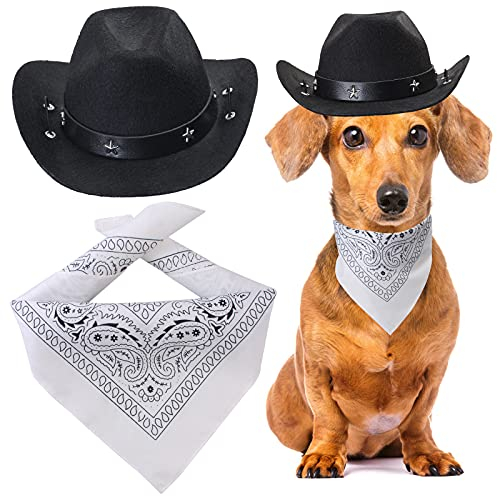 Yewong Cowboy-Kostüm-Zubehör für Hunde und Katzen, Cowboy-Hut und Halstuch, West-Cowboy-Zubehör für Welpen, Kätzchen, Party, Festival und tägliches Tragen, Set (schwarzer Hut + weißes Bandana)
