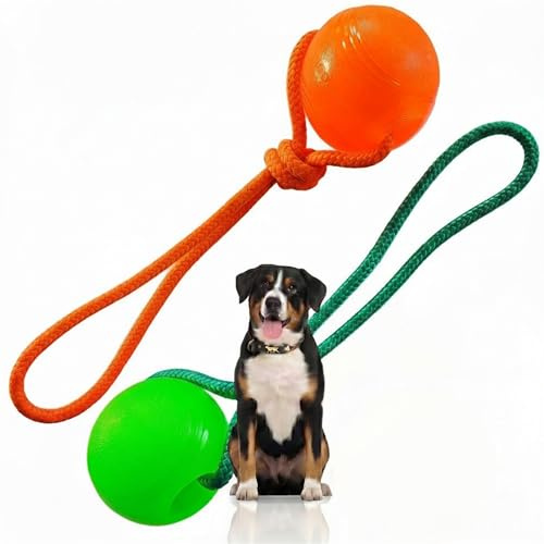 Activity4Dogs Hundeball mit Schnur | Hundespielzeug Ball 2er Pack | schwimmfähig & robust | ohne Geräusch | 76 mm, orange & grün