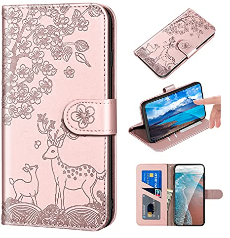 Bartern Coque Apple iPhone SE 2020/SE 2022 Rabat,Housse iPhone 7/8,Wapiti(Cerf) et Fleurs Clapet Folio Etui avec Fonction Support et Porte-Carte,Elk Cuir PU Portefeuille Flip Cover Case.Or Rose