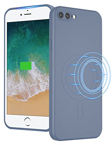UEEBAI Liquid Silicone Wireless Charging Phone Case For iPhone 8 Plus, Built-in Magnets Compatible with MagSafe Faster Charging Slim Fit Soft Microfiber Cover - Blue Grey