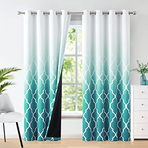 Beauoop Türkis Blickdicht Vorhänge mit Farbverlauf Geometrische Fliesendruck Muster Lichtundurchlässige Vorhang mit Ösen VerdunkelungsVorhänge für Schlafzimmer Wohnzimmer 2er Set, 132 x 245 cm (HxB)