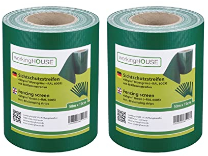 workingHOUSE 2 x 50 m PVC Sichtschutzstreifen für Doppelstabmatten 450g/m² (Sichschutz Zaun) - Wetterfest, Wartungsfrei, Leichte Montage - inkl. 40 Clips/Klemmstreifen (Grün)