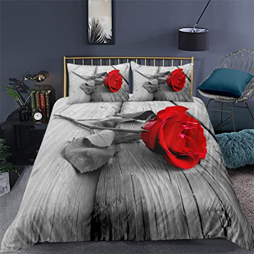 Tomifine Housse de Couette 140x200 cm Coeur Rose Rouge Parure de Lit Motif 3D Sets De Housse Couette avec Fermeture Éclair et 2 Taies d'oreiller 65x65cm (220x240 cm,Rouge a)