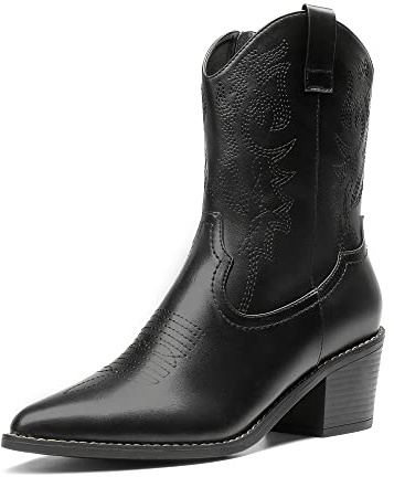 DREAM PAIRS Women's Cowboy Boots, Pointed Toe Chunky Heel Cowgirl Boots, Zipper Pull-On Stitched Western Boots Ankle Boots for Ladies,Size 7,Black,SDAB2219W