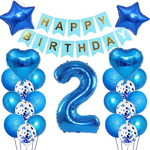 Kindergeburtstag Deko Jungen 2 Jahr ballon, 2. Geburtstag Dekorationen für Junge,Deko 2 Geburtstag ballon, 2 Geburtstag Deko Jungen Happy Birthday Banner Luftballons Blau Konfetti Helium Set …