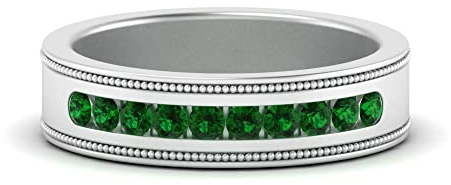 55Carat Mens Wedding Bands with White Diamond in 14K Rose Gold Ring Sterling Silver Created Emerald Round Shape Green Color 3 Stone Rings Channel Setting in Size Z1 Birthstone SR-D2272-ROUND-CEM-Z1