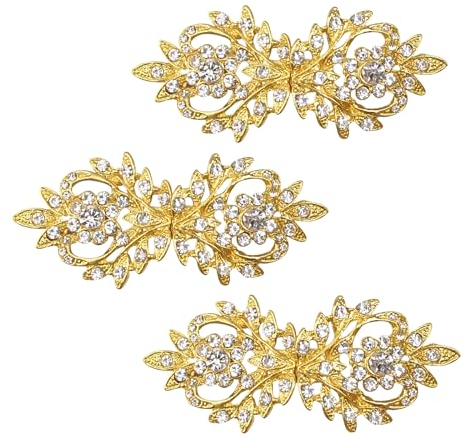 WANDIC Umhang-Verschluss, 3 Paar, 7 cm, goldene Clips mit Strass, Vintage-Umhang, zum Aufnähen, Haken und Ösen, Cardigan-Clips für Kleidung, Pullover, Schal