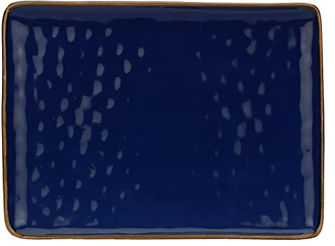 Rose & Tulipani, Vassoio Rettangolare Blu Cobalto con Bordo Dorato in Ceramica Decorata, Linea Concerto, 36x26.6 cm