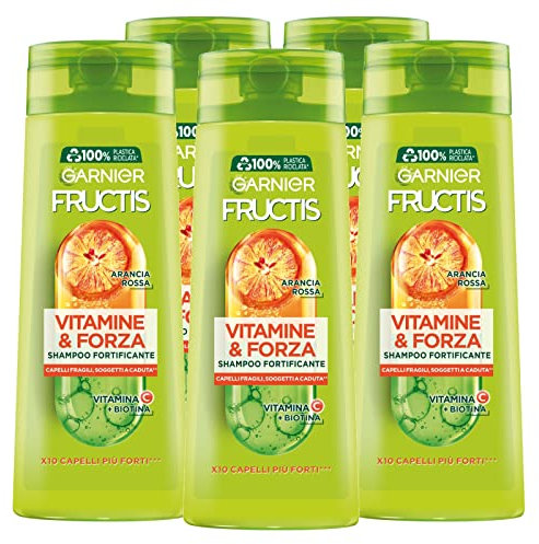 Garnier Fructis Vitamine & Forza Shampoo Fortificante per Capelli Fragili e Soggetti a Caduta Azione Rinforzante con Estratto di Arancia Rossa Formula con Vitamina C e Biotina - 5 Flaconi da 250ml