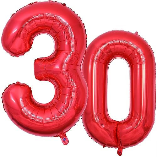 Vthoviwa 40 Zoll/18 Farbens Luftballon Zahlen 30 Rot, Luftballon 30. Geburtstag Foil Ballon, 0123456789,10-19,20-25,30,40,50,60,70,80,90, Folienballon 30 Party Dekoration Helium Unterstützen