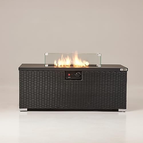 REALGLOW Warmpact Rattan Table Gas Fire Pit in Black - 13KW Rectangular Propane Gas Fire Pit w/Removable Glass Wind Guard, Lava Rock & Lid Cover - Coffee Table w/Heater for Garden, Deck