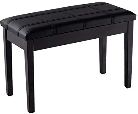 GYMAX Piano Bench with Storage and Padded Cushion, Double Duet Seat, Wooden Legs, PU Leather Keyboard Stool for Kids Adults (Plaid Surface+Straight Leg, Black), GY10571BK