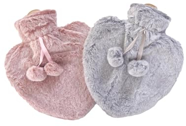 K Collection Pack of 2 Large Heart Shaped Hot Water Bottle - Natural Rubber with Faux Fur Covers - 2 x 1 Litre Ribbed Hot Water Bottles with Plush Covers (Pink/Grey)