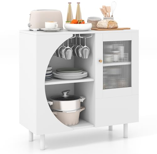 COSTWAY Buffet Cuisine avec 2 Rangées de Porte-Verre, Buffet Salon Blanc avec Placard à Porte Vitrée, Grand Compartiment, Design Compact, Armoire Cuisine, 80 x 30 x 80 cm