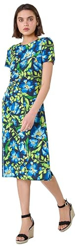 Roman Originals Ruched Waist Dress for Women UK Ladies Side Pleat Winter Autumn Textured Fitted Shift Pencil Smart Lined Stretchy Jersey Work Knee Length Round Neck - Navy Green - Size 20