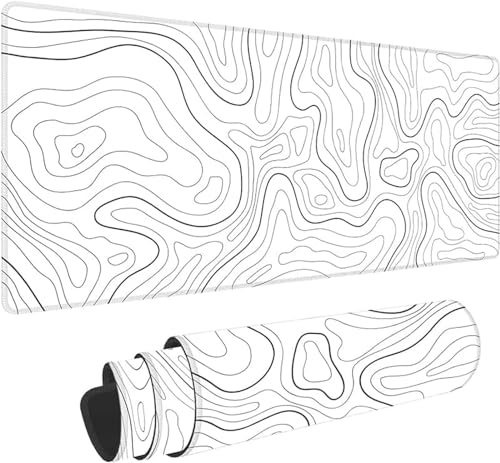 Tapis de Souris XXL 1000x500x2mm,Grand Tapis de Souris Gaming,Gamer Mouse Pad avec Surface en Caoutchouc Antidérapant Résistant à l'eau pour la Maison,Bureau,Salle de Jeux - Topographique Noir Blanc