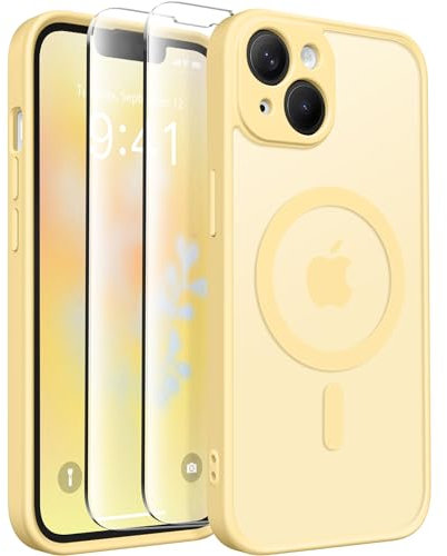 CAPRARO Magnetic Case for iPhone 14, Compatible with MagSafe, Full Camera Protection, 14FT Drop Protection, Shockproof, Slim Translucent Matte Phone Case, Jasmine Yellow