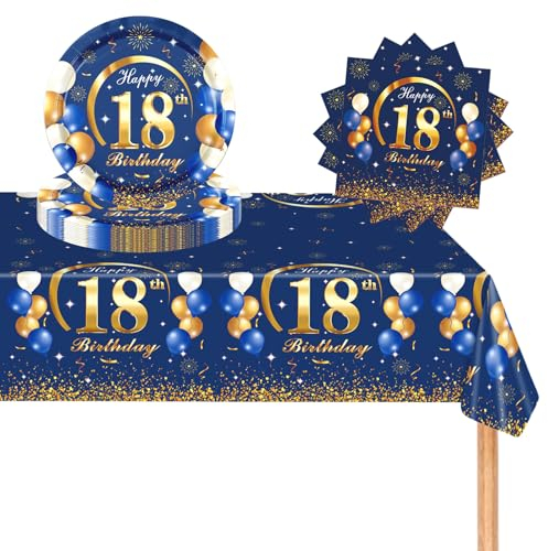POPOYU 37Pcs Navy Blue Gold 18th Birthday Tableware Set,18th Birthday Napkins Blue and Gold,18th BlueGold Table Cloth,18thBirthday Paper Plates for Him Her Boys Girls BirthdayGift Party Supplies