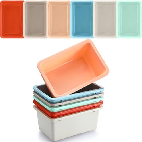 Thyle 12 Pieces 11.6 x 7.7 Inch 6 Colors Plastic Cubby Bins with Labels Classroom Stacking Bins Storage Container Organizer Storage Cubbies for Classroom Office (Rerto Color)